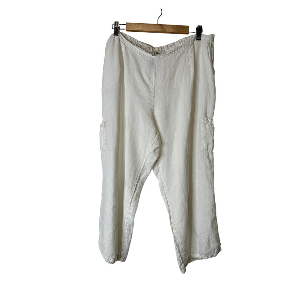 By J.J Womens Pre-shrunk 100% Linen Cargo Pull On White Pants Size XL Lagen Look